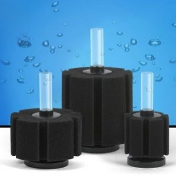 Cylindrical biochemical sponge filter in an aquarium, view 1