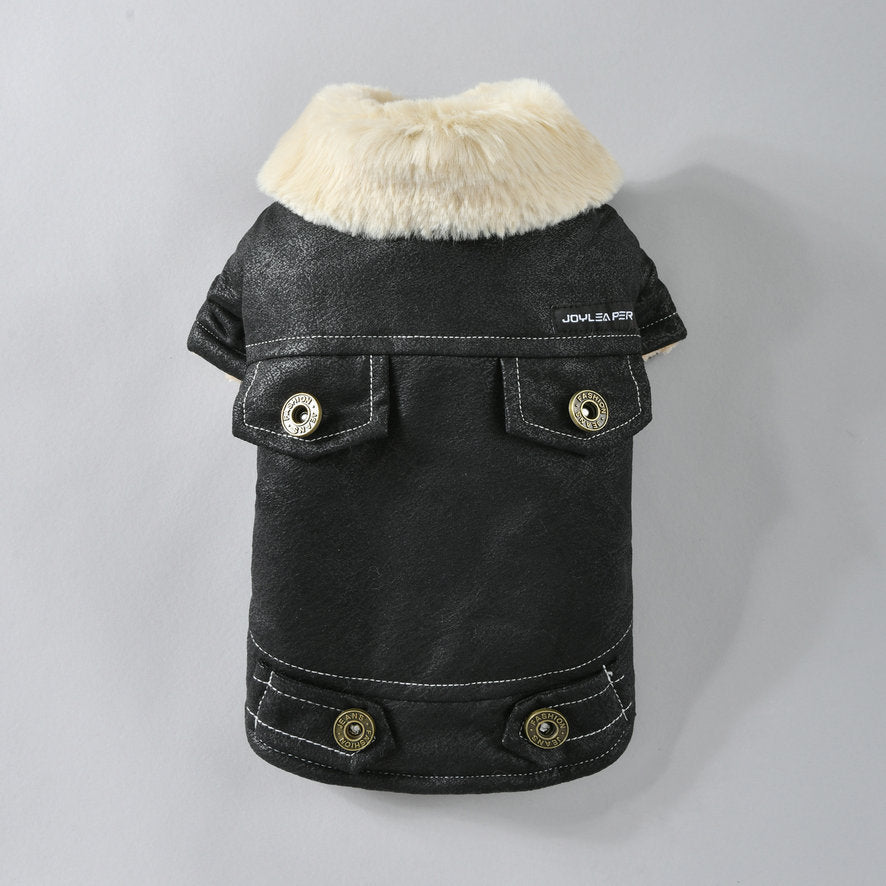 Thick flannel dog jacket with faux fur collar in Brown, showing size and shape