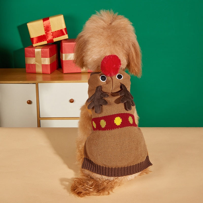 Christmas knitted pet jumper with festive design in Wine Red Gingerbread, close-up detail