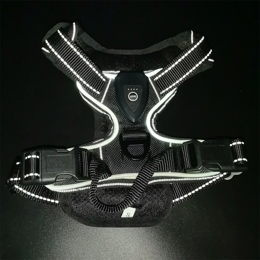Glowing adjustable dog chest harness, product overview photo