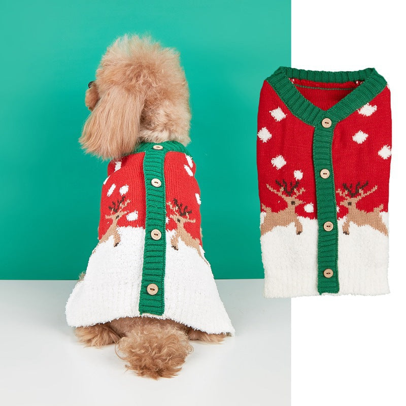 Christmas knitted pet jumper with festive design in Red Snow Deer, close-up detail