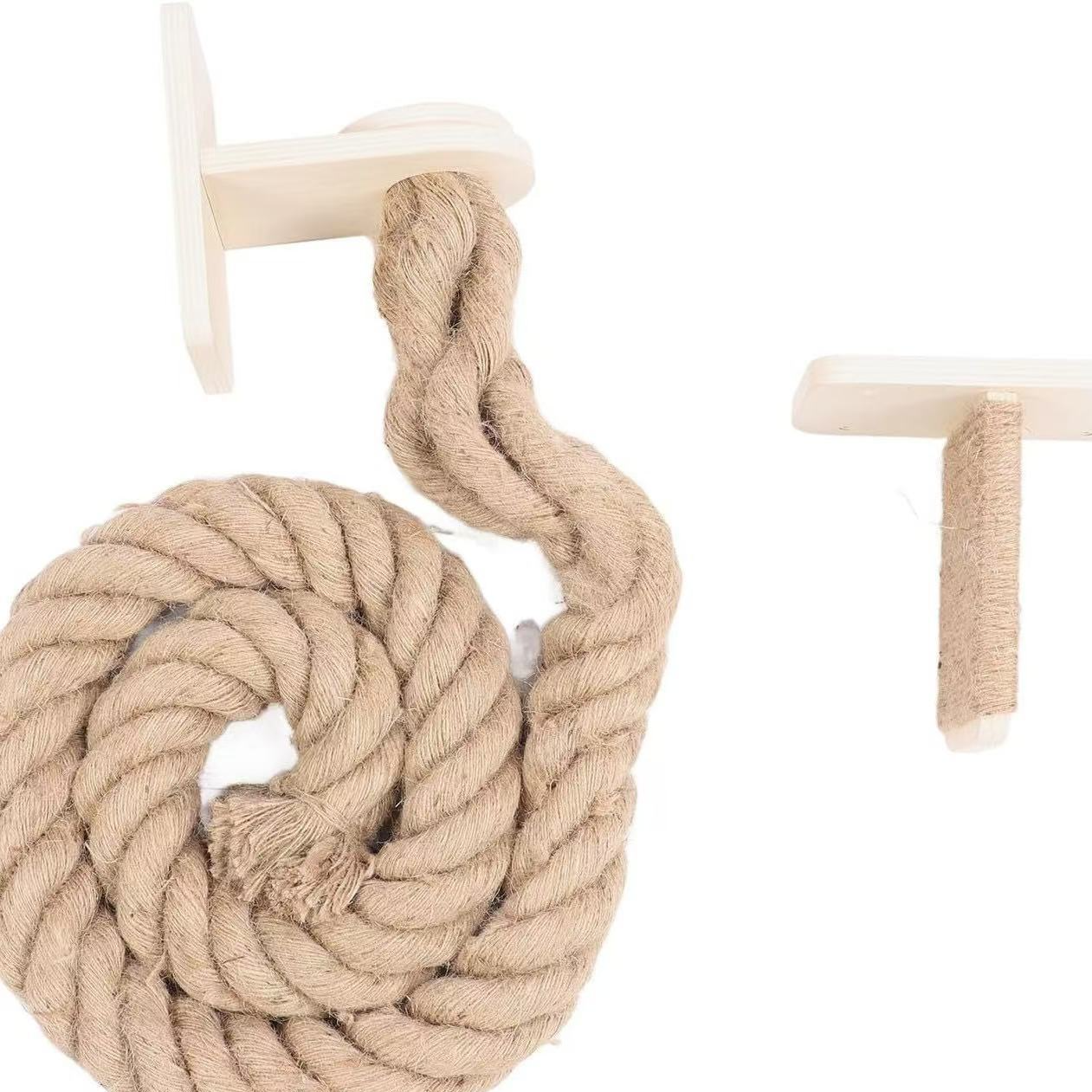 Wall-mounted wooden cat climbing tower with hemp rope, photo from another angle