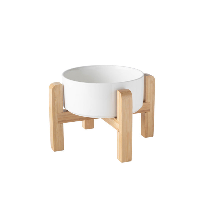 Elevated Ceramic Pet Feeding Bowl with Bamboo Stand, Anti-Spill Base in Five Colours