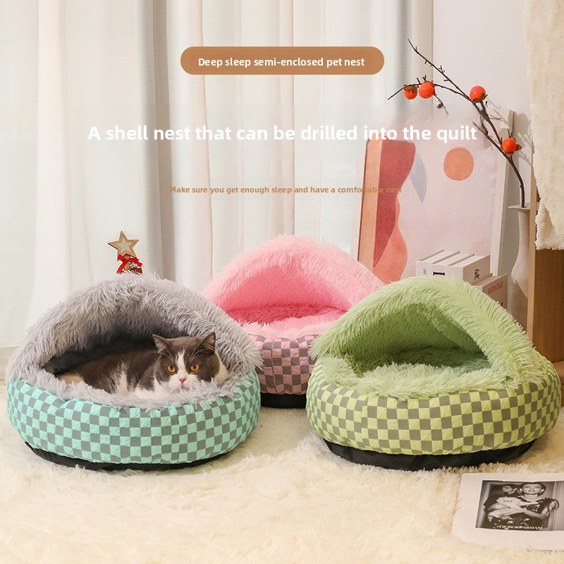 Plaid shell shaped semi enclosed cat bed with plush lining, view 1
