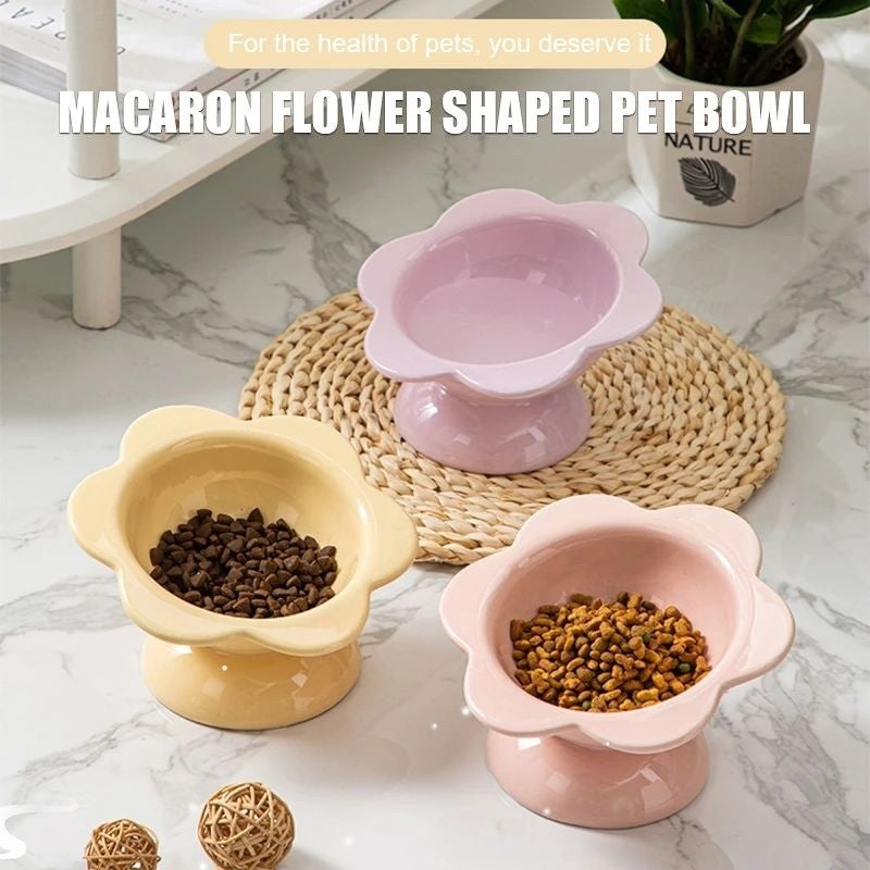 Pink glazed ceramic cat feeding bowl with wide base, view 3