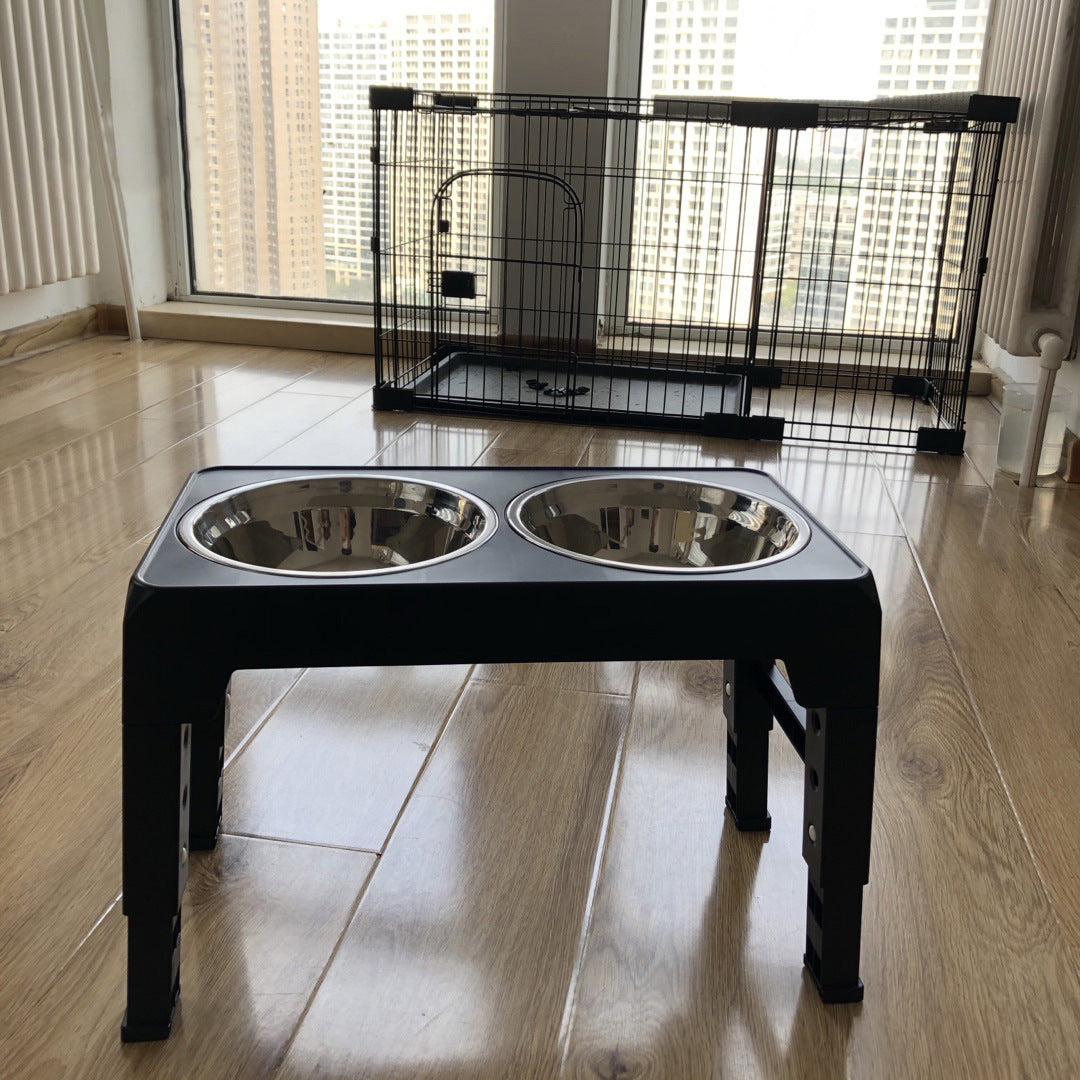 Adjustable Height Stainless Steel Double Dog Bowl in Black with Stable Base for Large Dogs