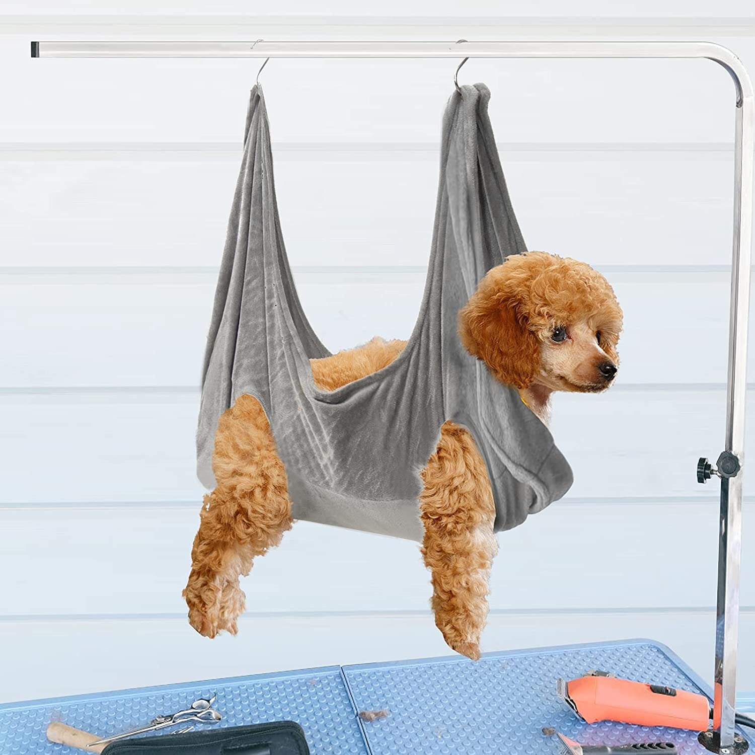 Pet grooming hammock for cats and small dogs in Grey, side view