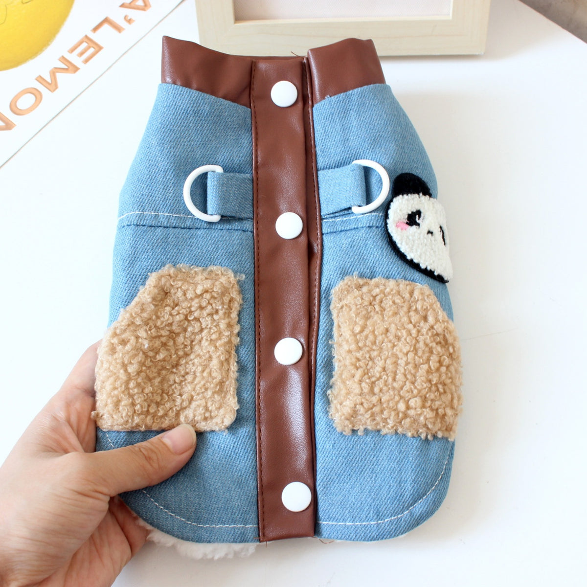 Fleece lined denim pet jacket with panda design in Light Blue Denim, front view