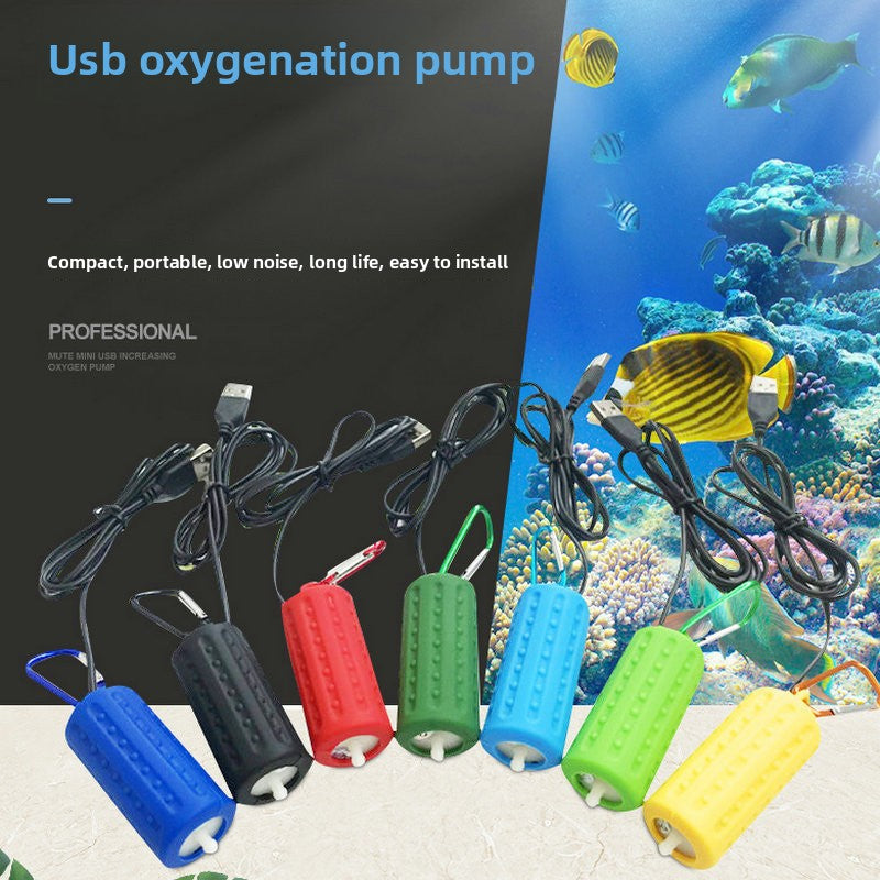 Compact USB aquarium air pump in a colourful silicone shell, view 2