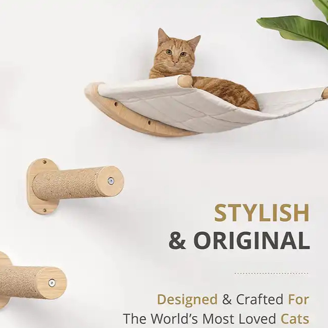 Cat resting in a hammock above wall scratching posts