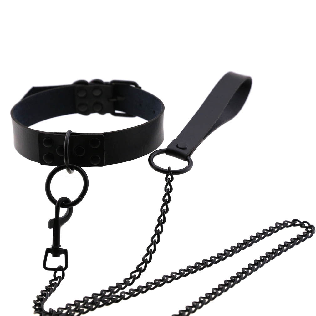 PU leather dog collar and lead set with chain detail, product image 1