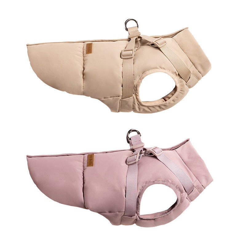 Water-resistant padded dog winter jacket in Smoke Pink, showing size and shape