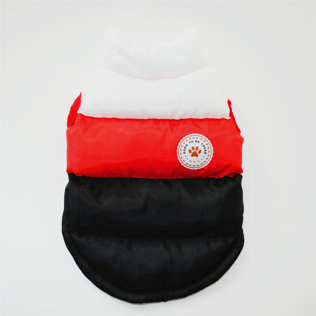 Colour block puffer dog coat with button front in Black, showing size and shape
