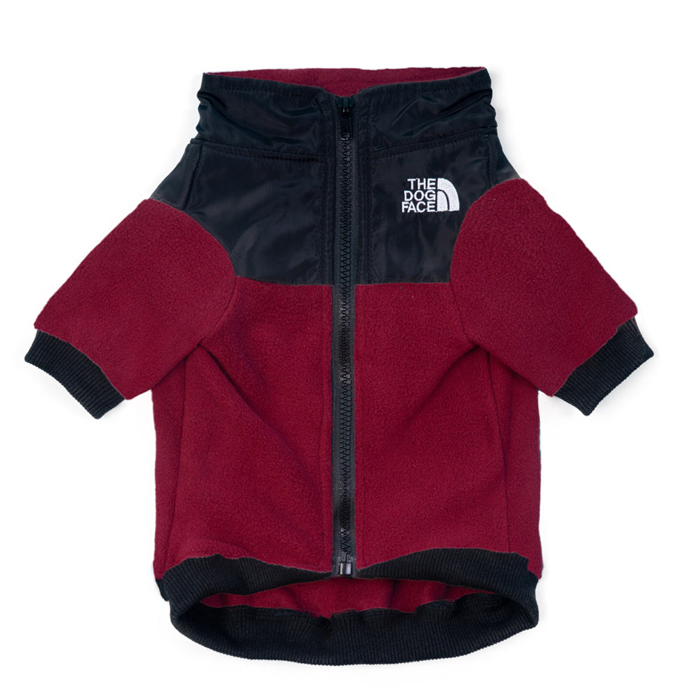 Embroidered fleece two-leg dog jacket in Dark Khaki, top view