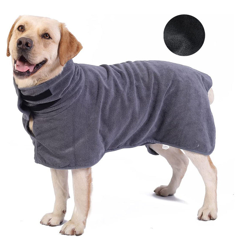 Thick microfibre dog bathrobe with full coverage in Lake Blue, showing size and shape