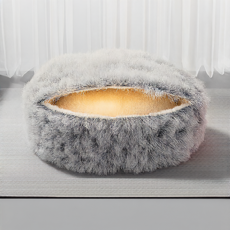 Grey semi enclosed long pile velvet cat bed, view 5