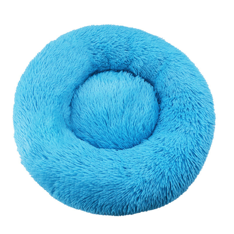Round long plush nest bed for cats and dogs in Blue
