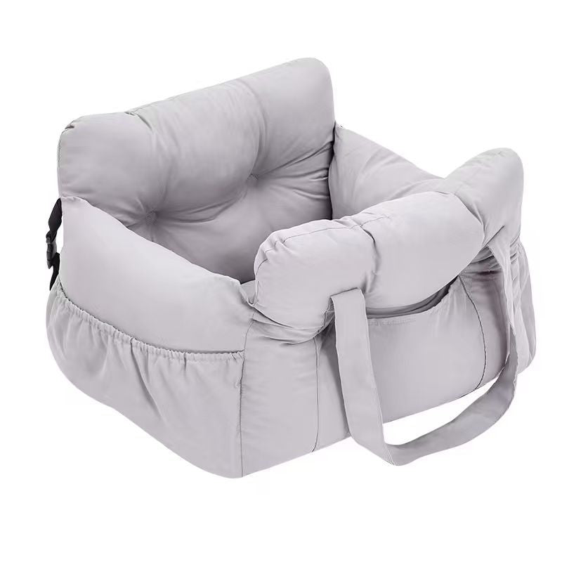Dark grey padded dog car booster seat bed with strap, view 8