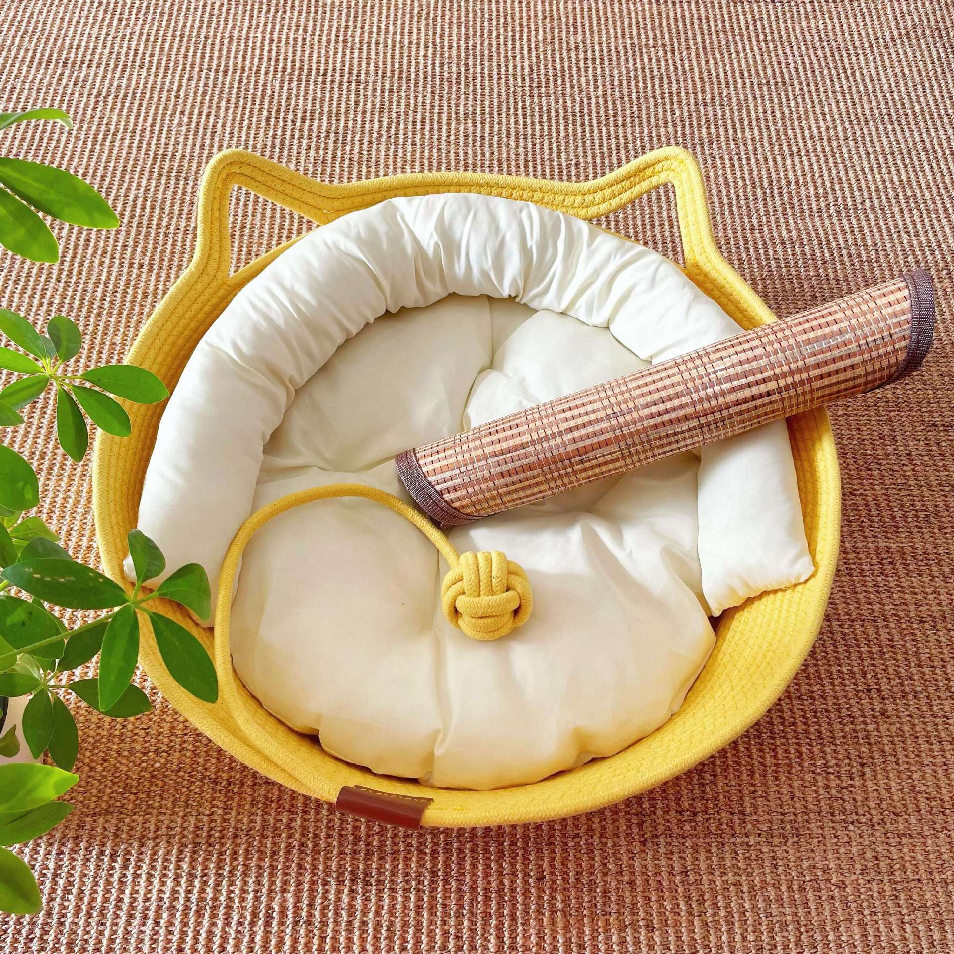 Small woven rattan cat nest in macaron blue with ball, view 67