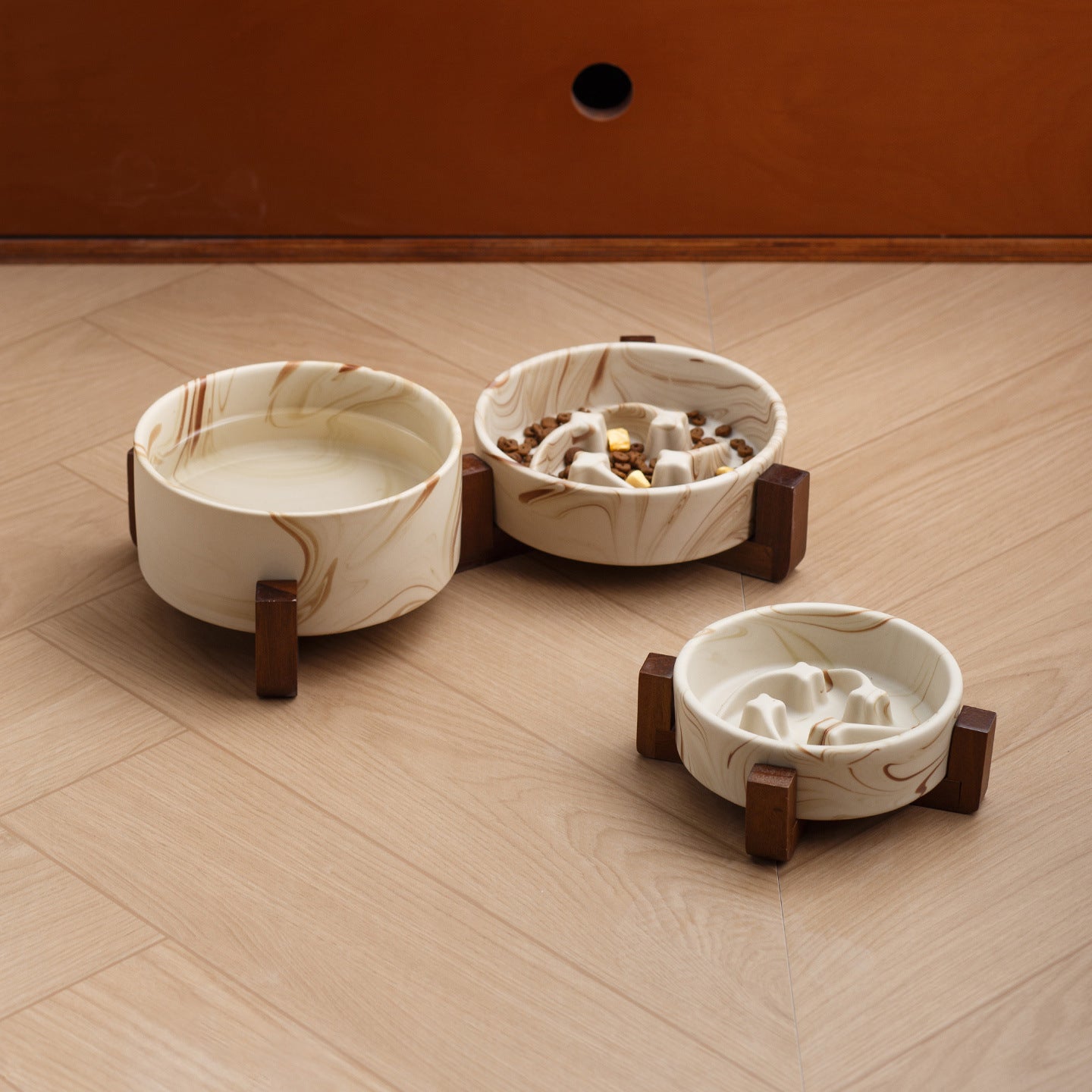 Marble Pattern Ceramic Pet Bowl with Acacia Wood Stand in Water or Slow Feeder Style