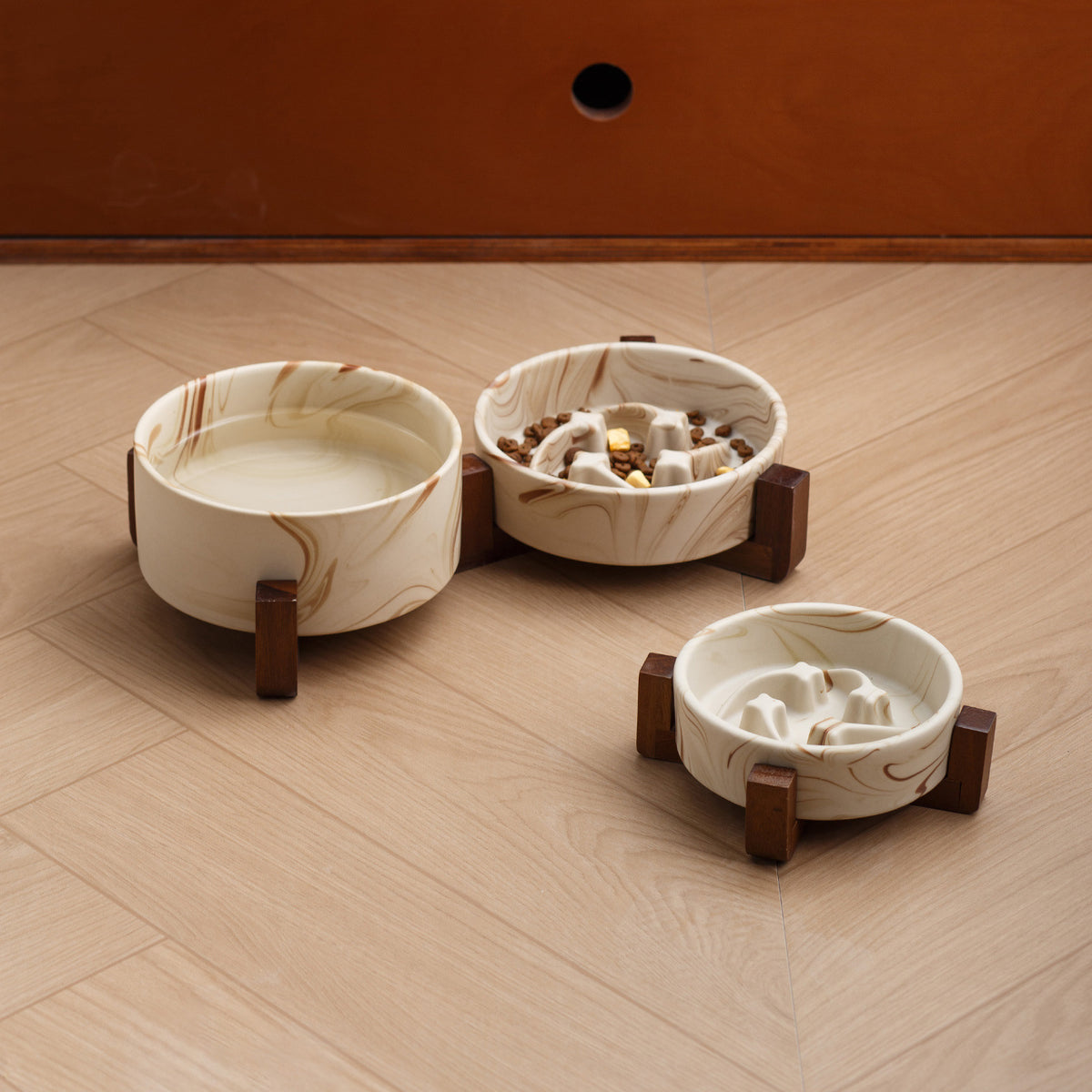 Marble Pattern Ceramic Pet Bowl with Acacia Wood Stand in Water or Slow Feeder Style