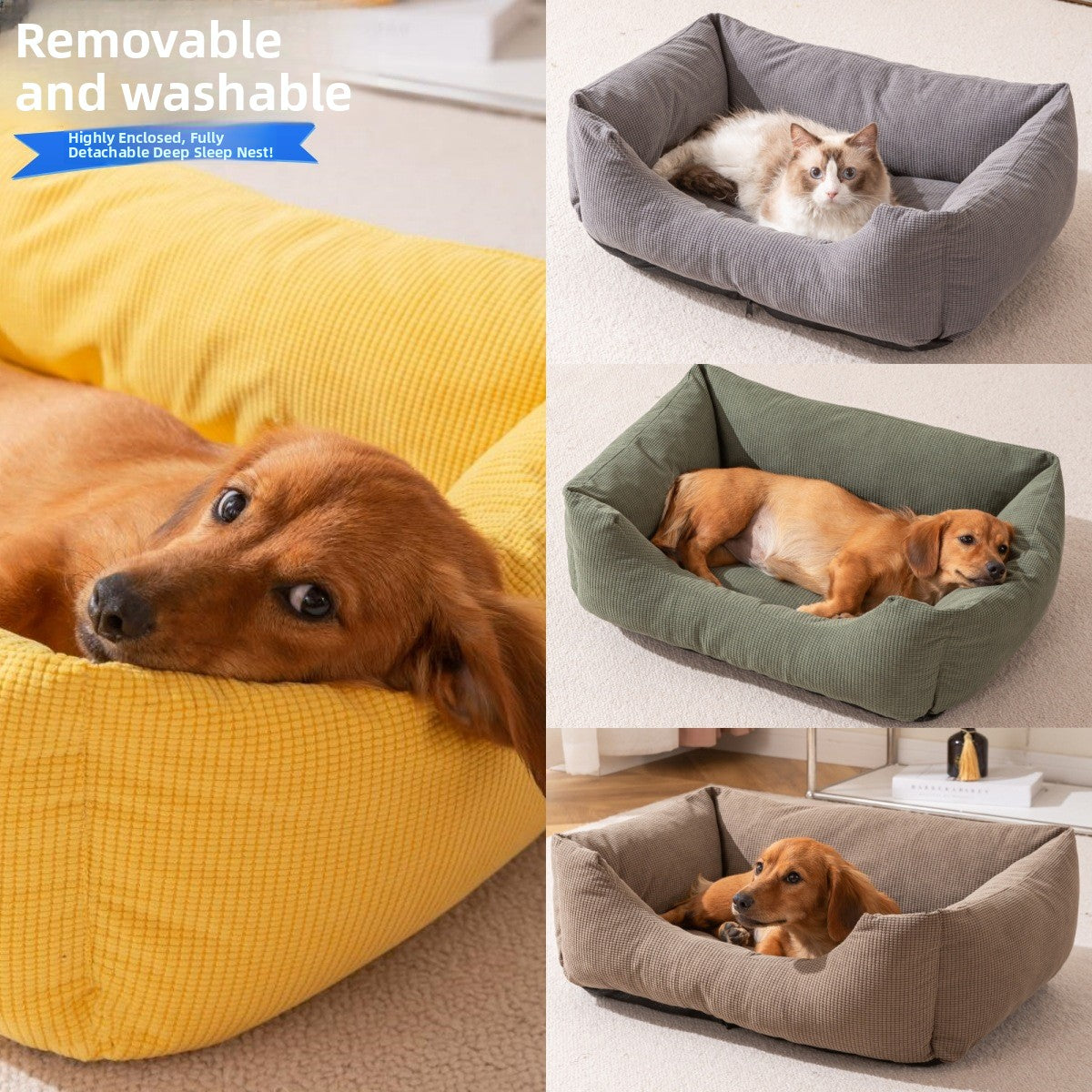 Washable Padded Pet Bed with Removable Cover for Dogs and Cats