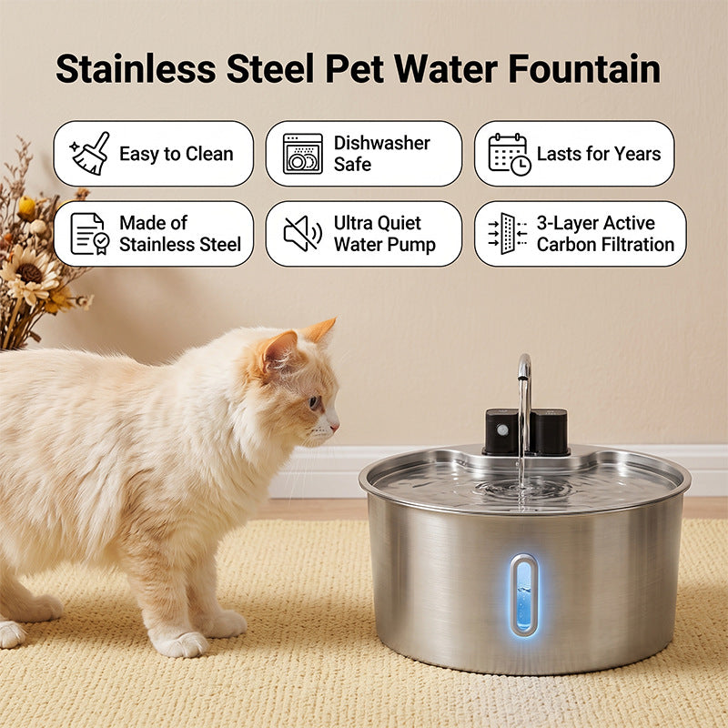 7L Stainless Steel Pet Water Dispenser with Infrared Sensor, Quiet Pump and USB Power