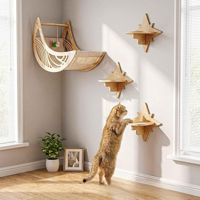 Wooden wall-mounted cat moon bed and star platforms, shown in 4 colours and styles