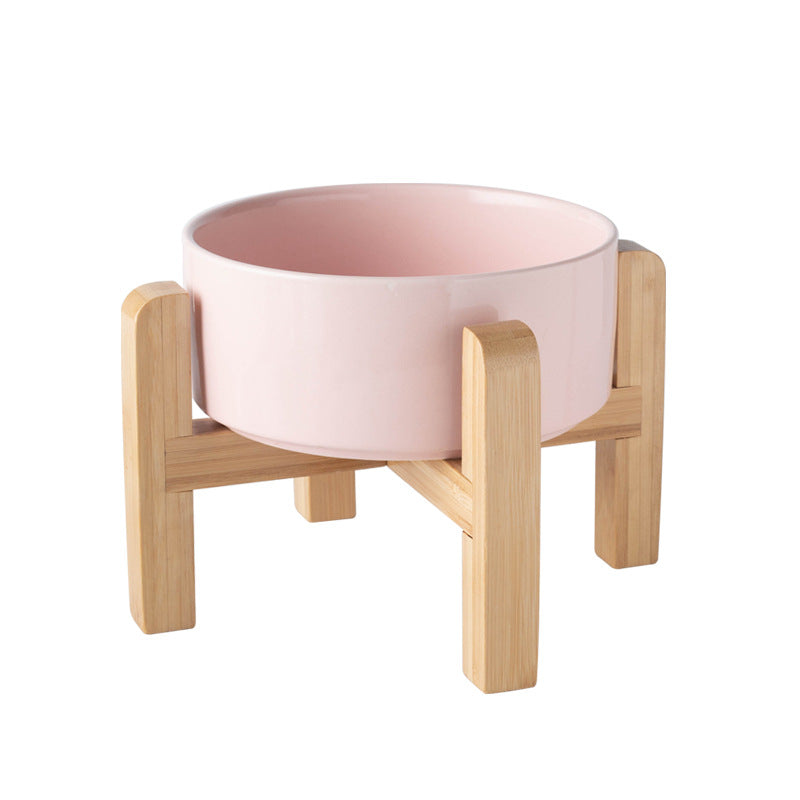 Elevated Ceramic Pet Feeding Bowl with Bamboo Stand, Anti-Spill Base in Five Colours