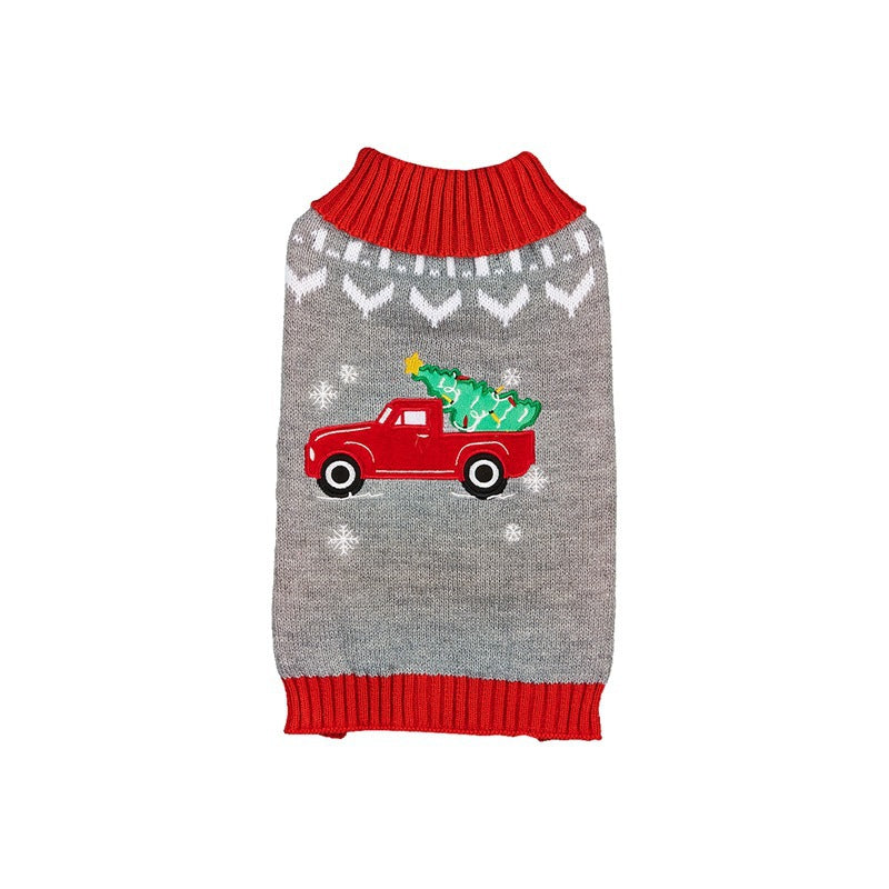 Christmas knitted pet jumper with festive design in Black Red Santa, in a home setting
