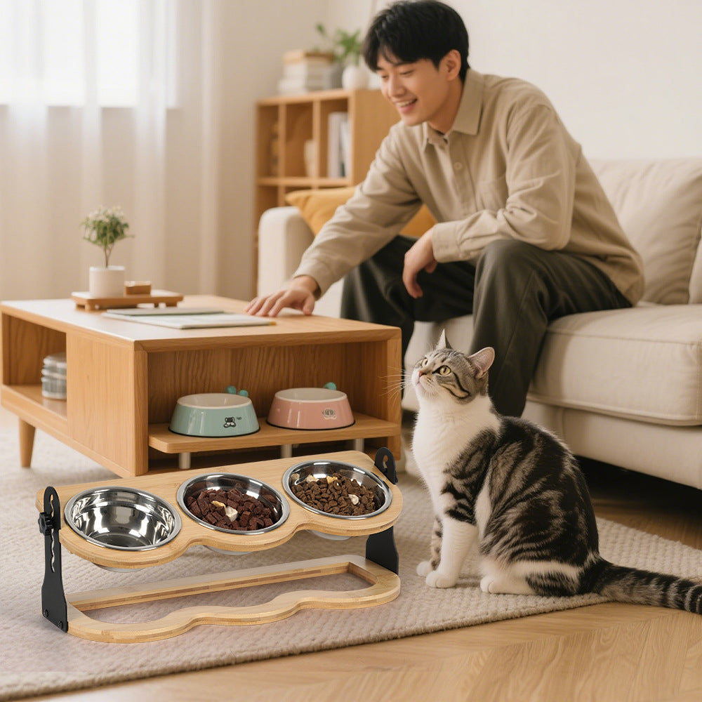 Elevated Stainless Steel Pet Bowl on Three-Legged Bamboo Stand for Cats and Small Pets
