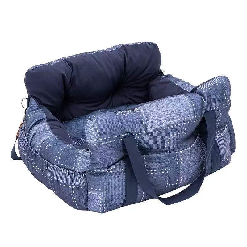 Dark grey padded dog car booster seat bed with strap, view 26