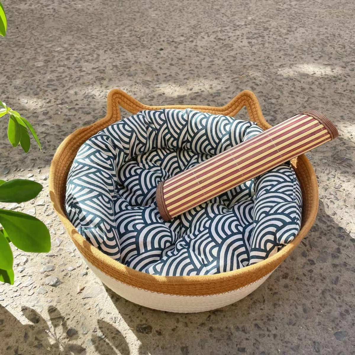 Small woven rattan cat nest in macaron blue with ball, view 35