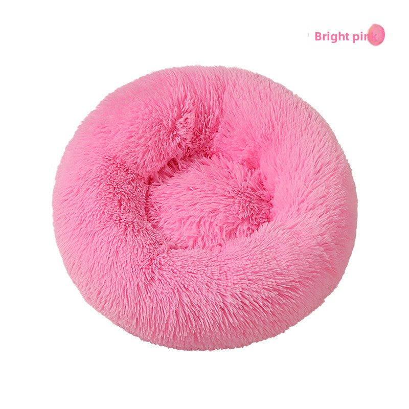 Round plush donut bed for dogs and cats in Bright Pink, size 50cm Diameter