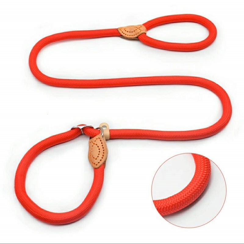 Braided nylon rope dog lead in red with metal clip