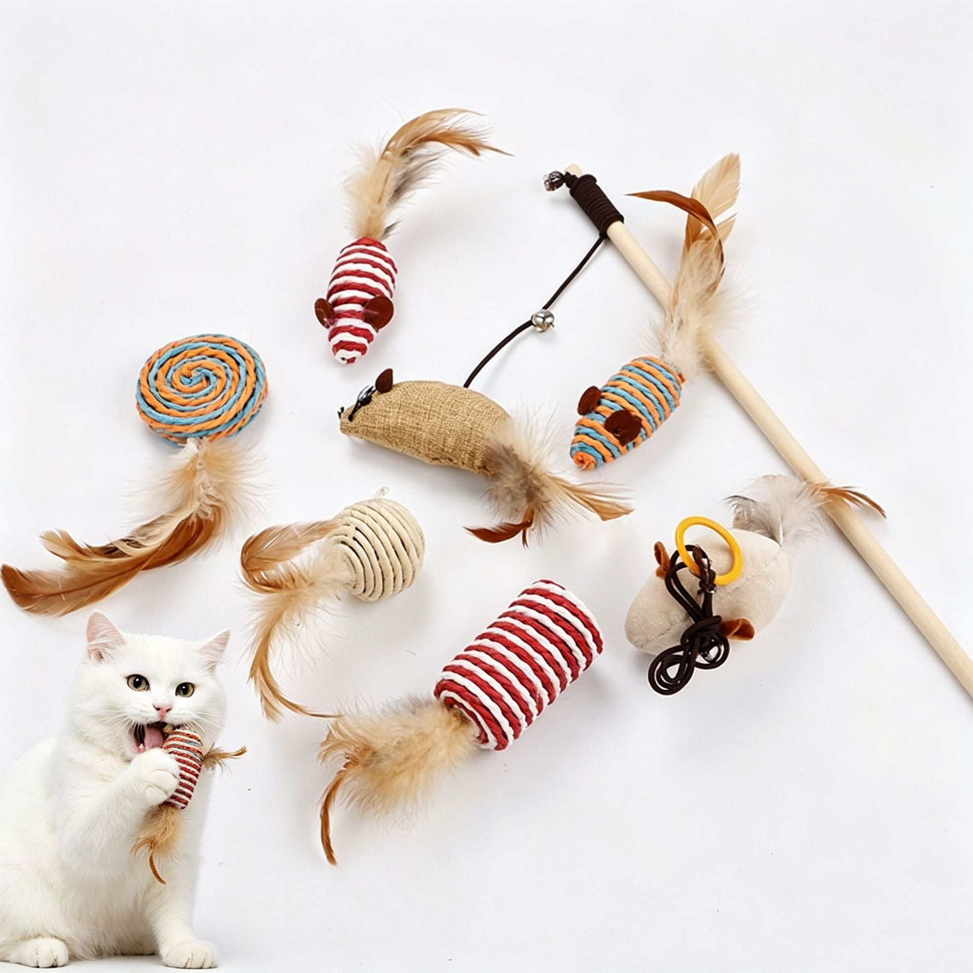 Interactive 7 piece cat toy set with feather teaser and bell, view 2