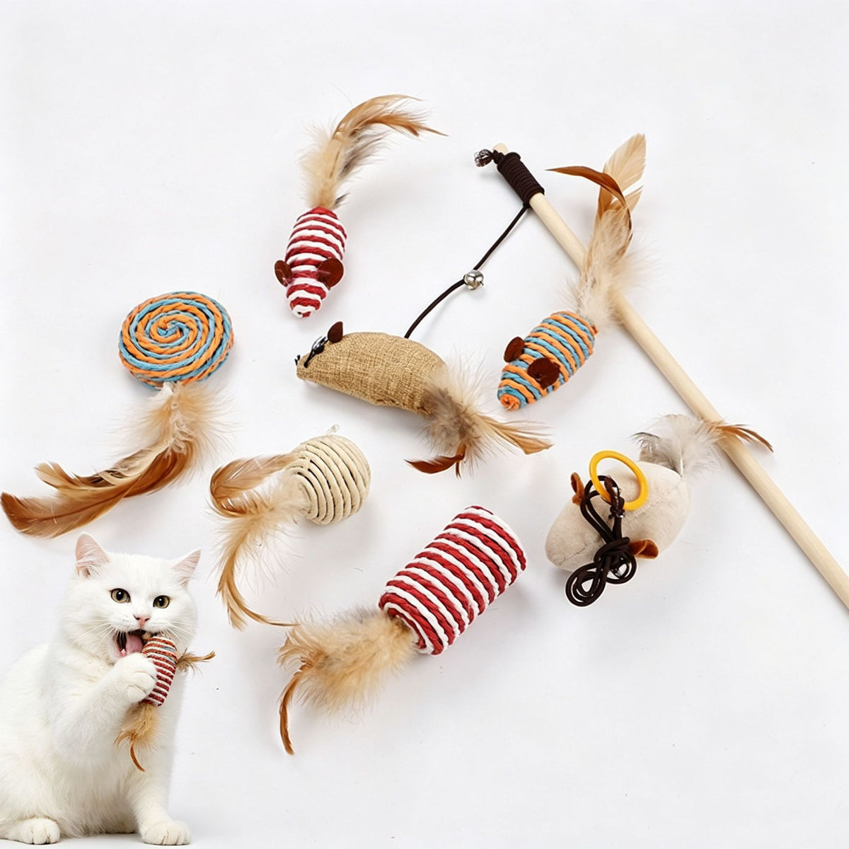 Interactive 7 piece cat toy set with feather teaser and bell, view 2