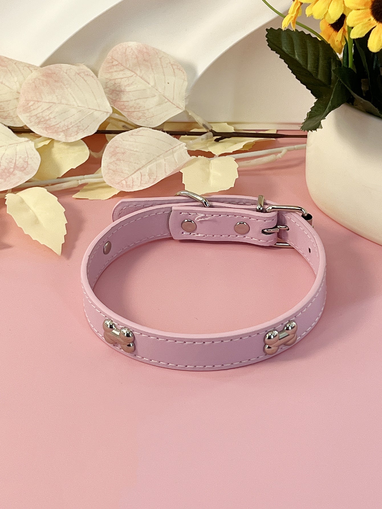 Adjustable PU leather dog collar in Rose Red, front view