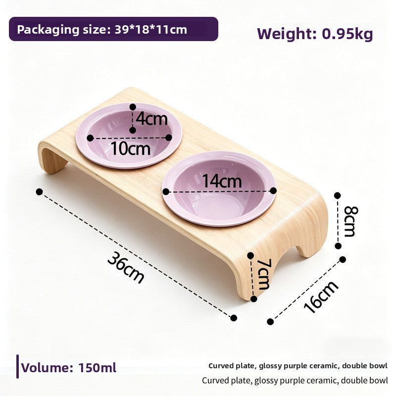Curved Solid Wood Pet Bowl Stand with Ceramic Double Bowl in Glossy or Matte Colours