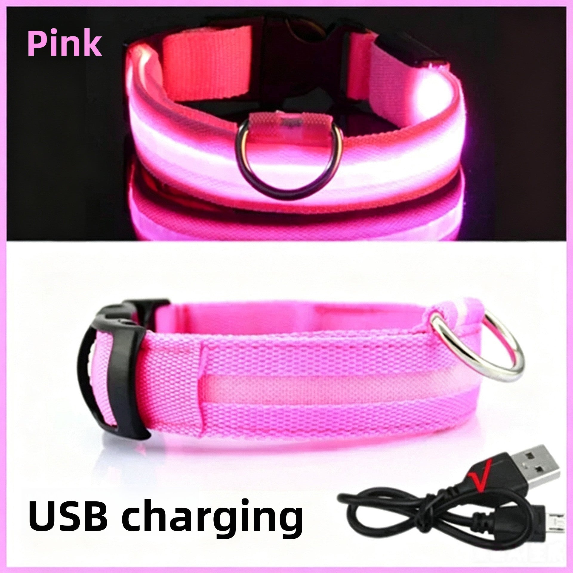 Reflective LED dog collar with USB charging in Orange, showing size and shape