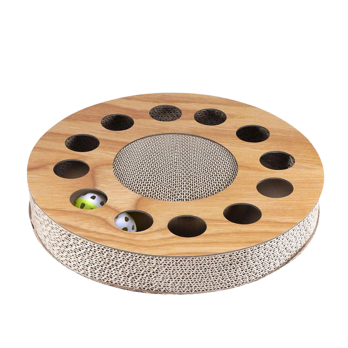 Corrugated Paper Cat Scratch Board with Bells, Wood Grain