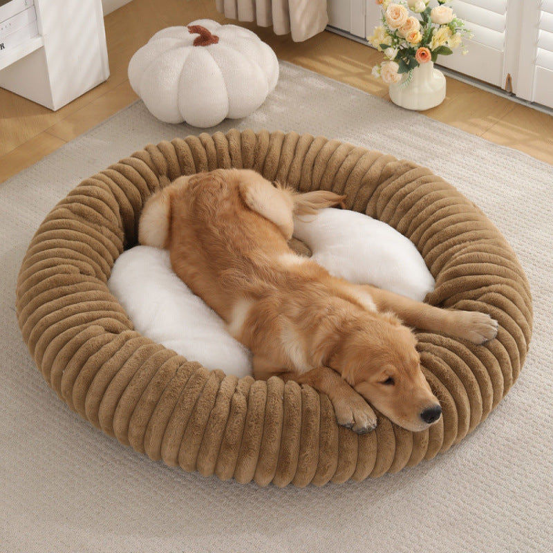 Round striped faux fur pet bed in dark grey for cats