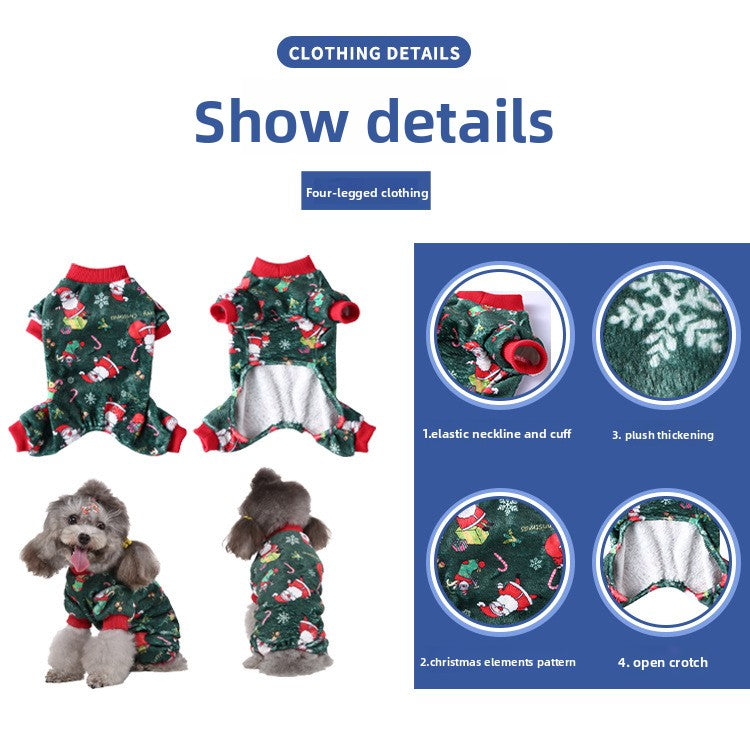 Coral fleece four-leg dog jumpsuit with holiday print, in a home setting