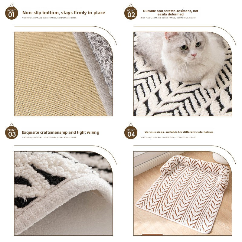 Grey plush leaf pattern pet mat with anti-slip base