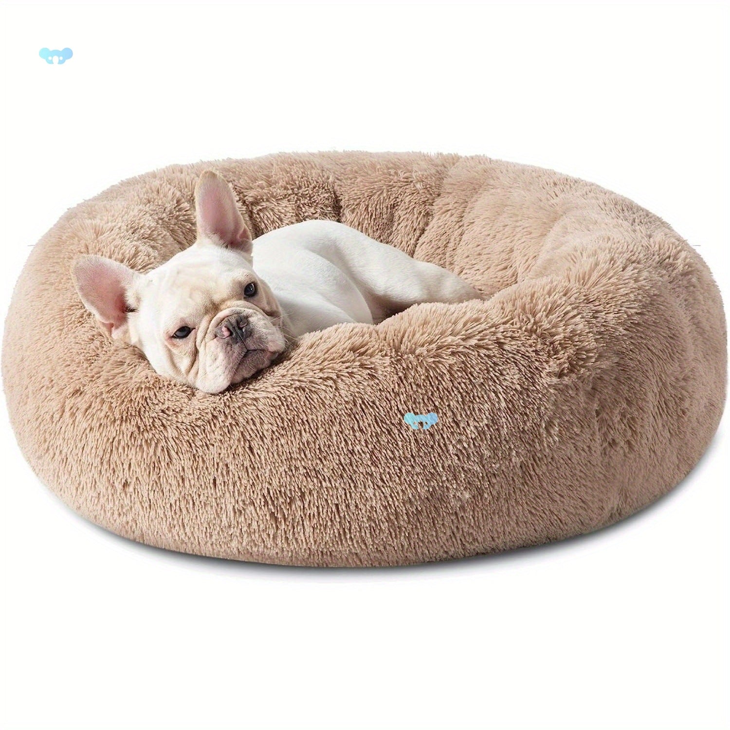 Brown round plush donut dog bed with raised rim, view 1