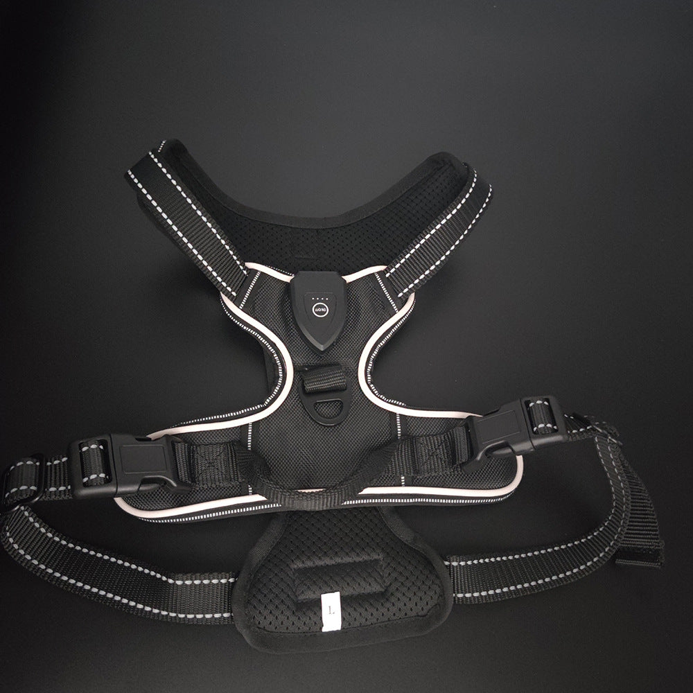 Light up dog harness in grass green, black and dark blue