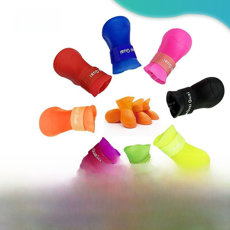 Waterproof silicone dog rain boots with non-slip soles in Red, showing size and shape