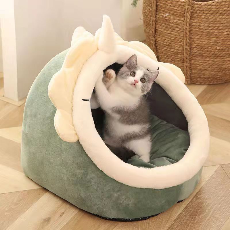Soft fabric cat cave bed with ears, extra detail view
