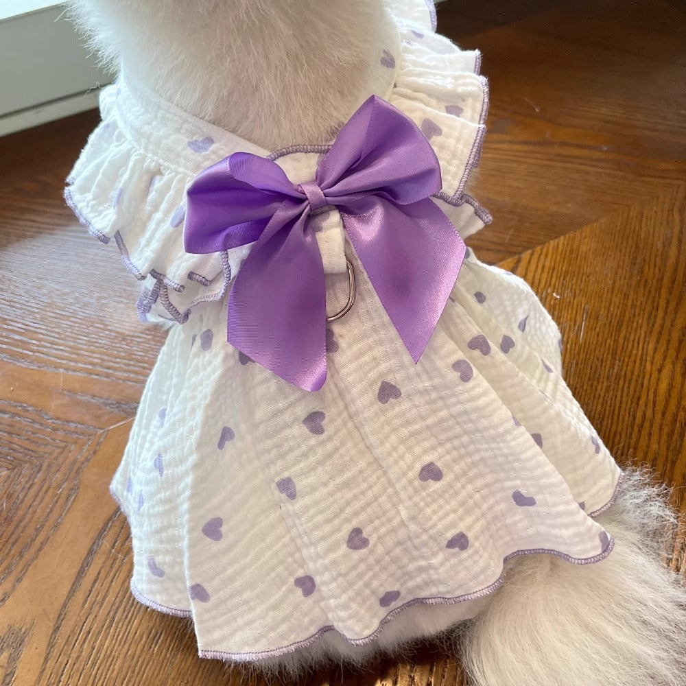 Princess bow cotton cat dress in Blue, close-up detail