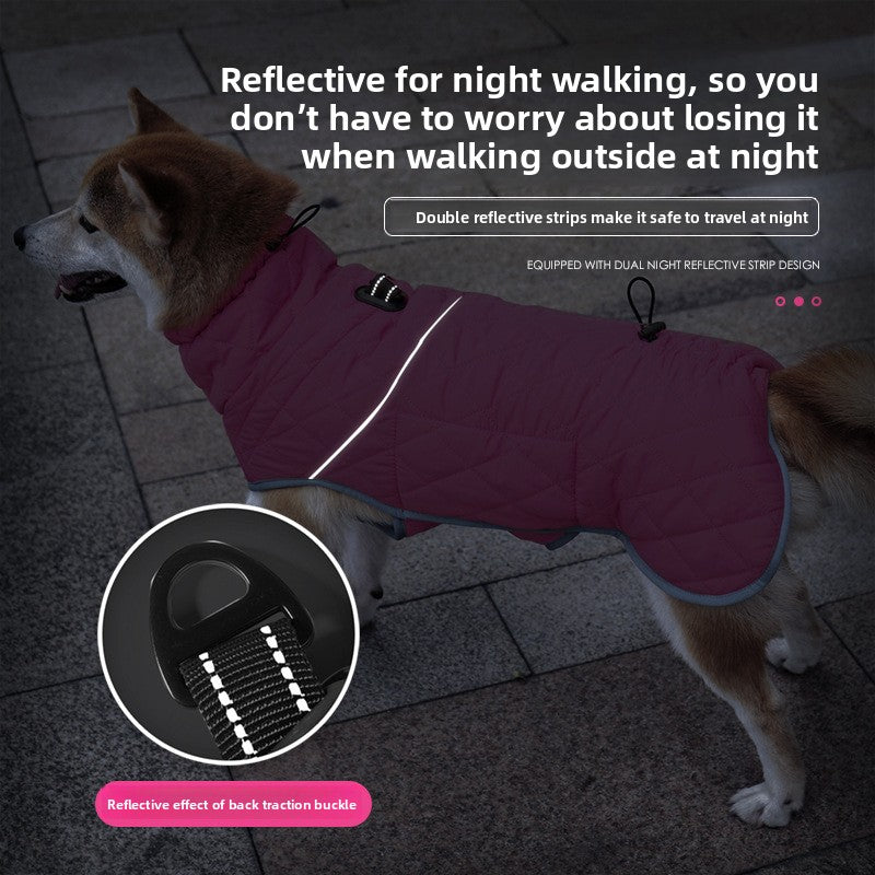 Waterproof padded winter coat for large dogs in Rose Red, in a home setting
